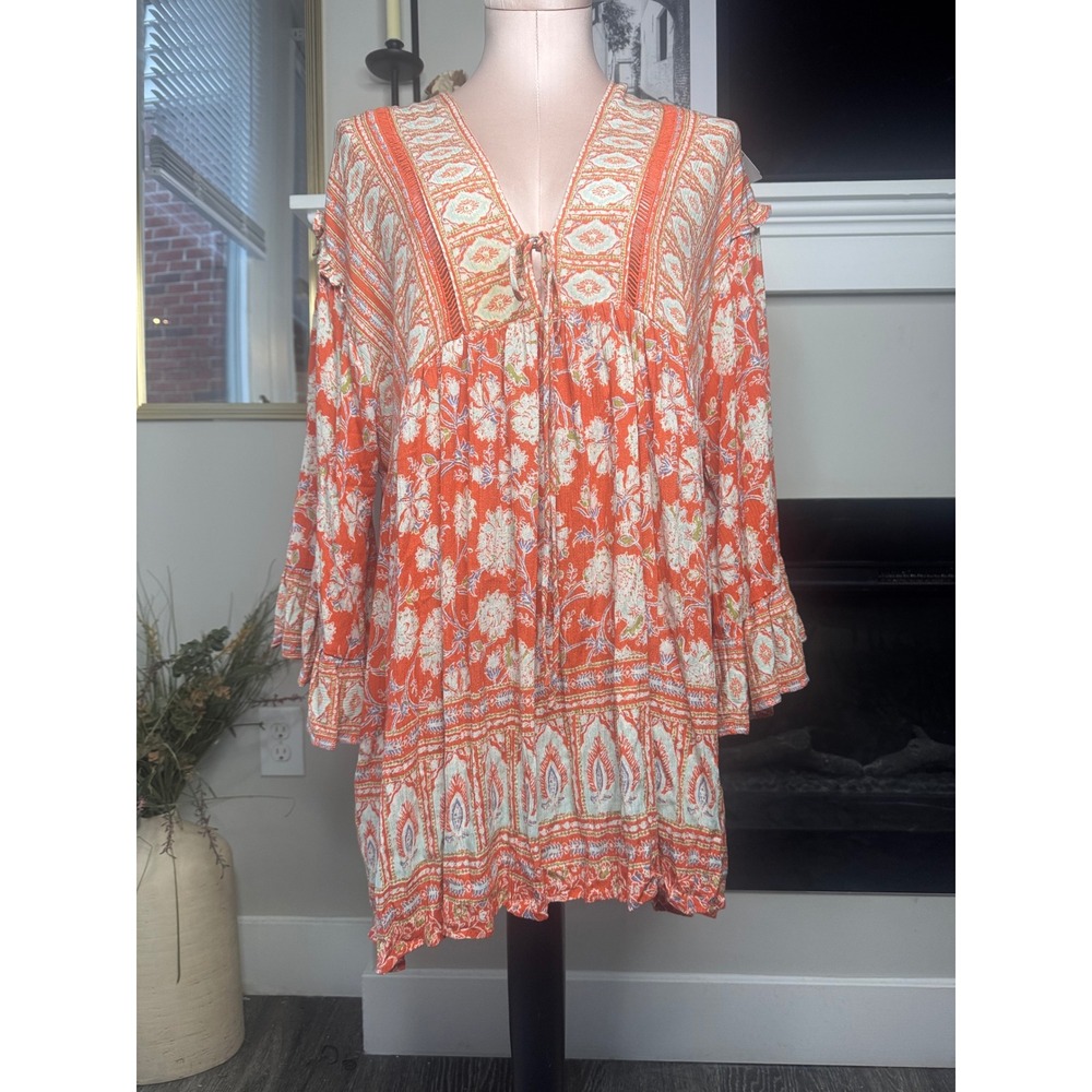 Free People Orange Floral Boho Tiered Bell Sleeve V Neck Tunic Dress